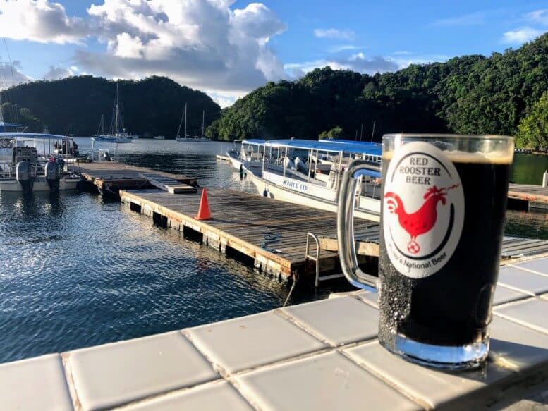 dark lager in glass mug labeled Red Rooster Beer with ocean and boats in background