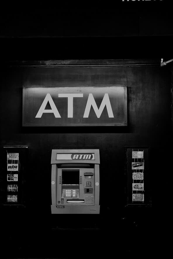 automated teller machine in black and white