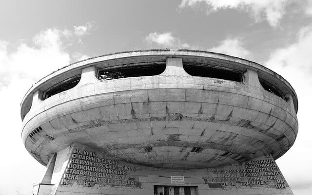 the Buzludzha round grey concrete building