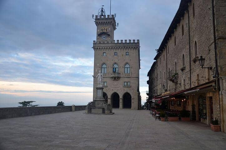 San Marino Piazza della Liberta empty at sunset castle tower