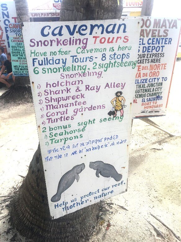 caveman snorkel tours sign on tree