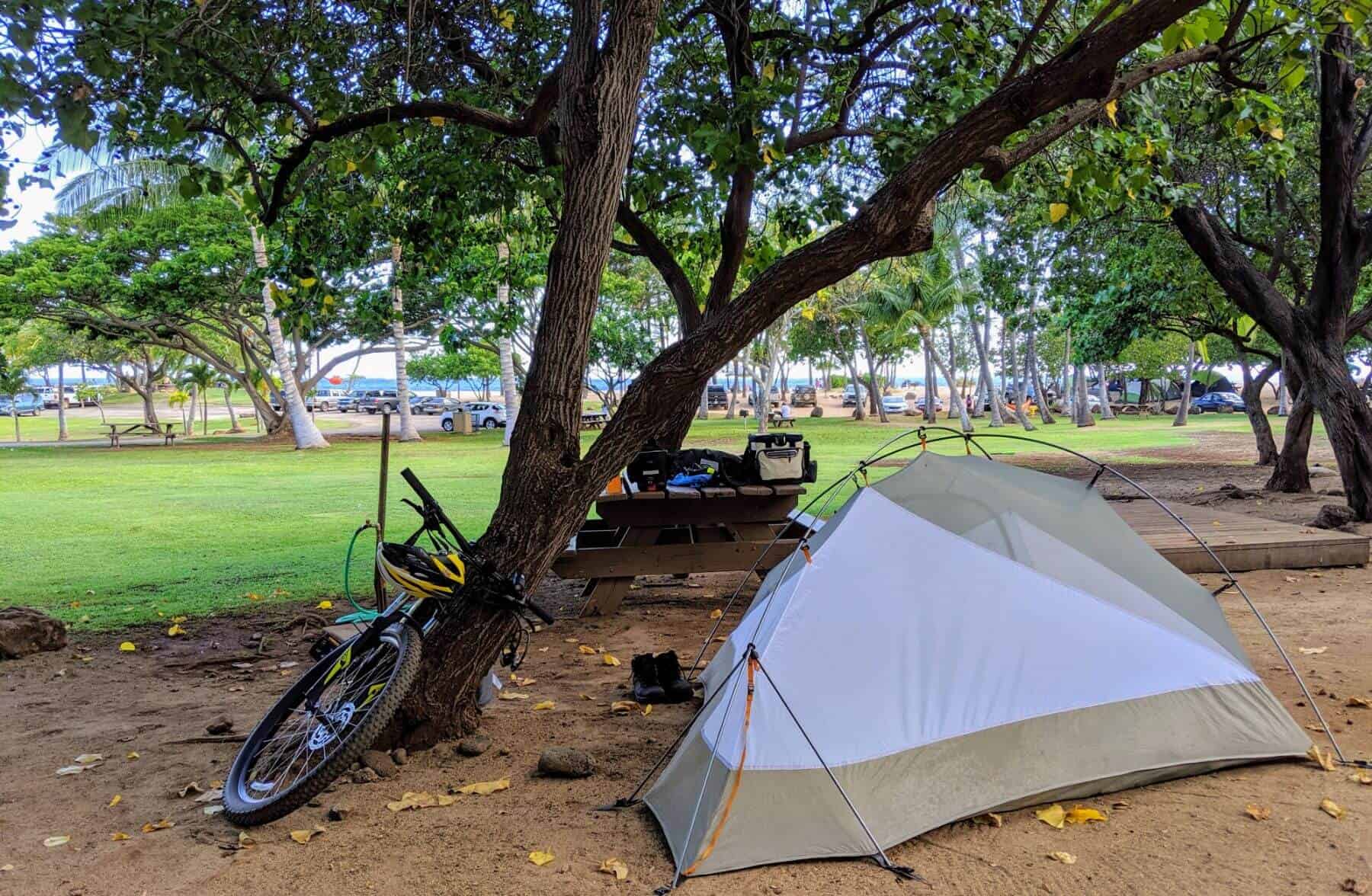 Lanai camping tent and bicycle on tree