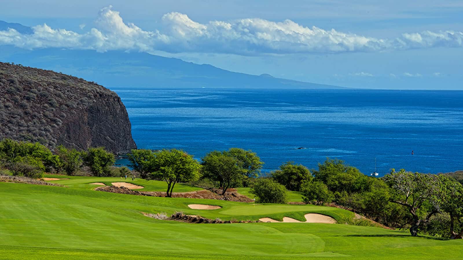 Manele golf course with ocean and Maui in the background